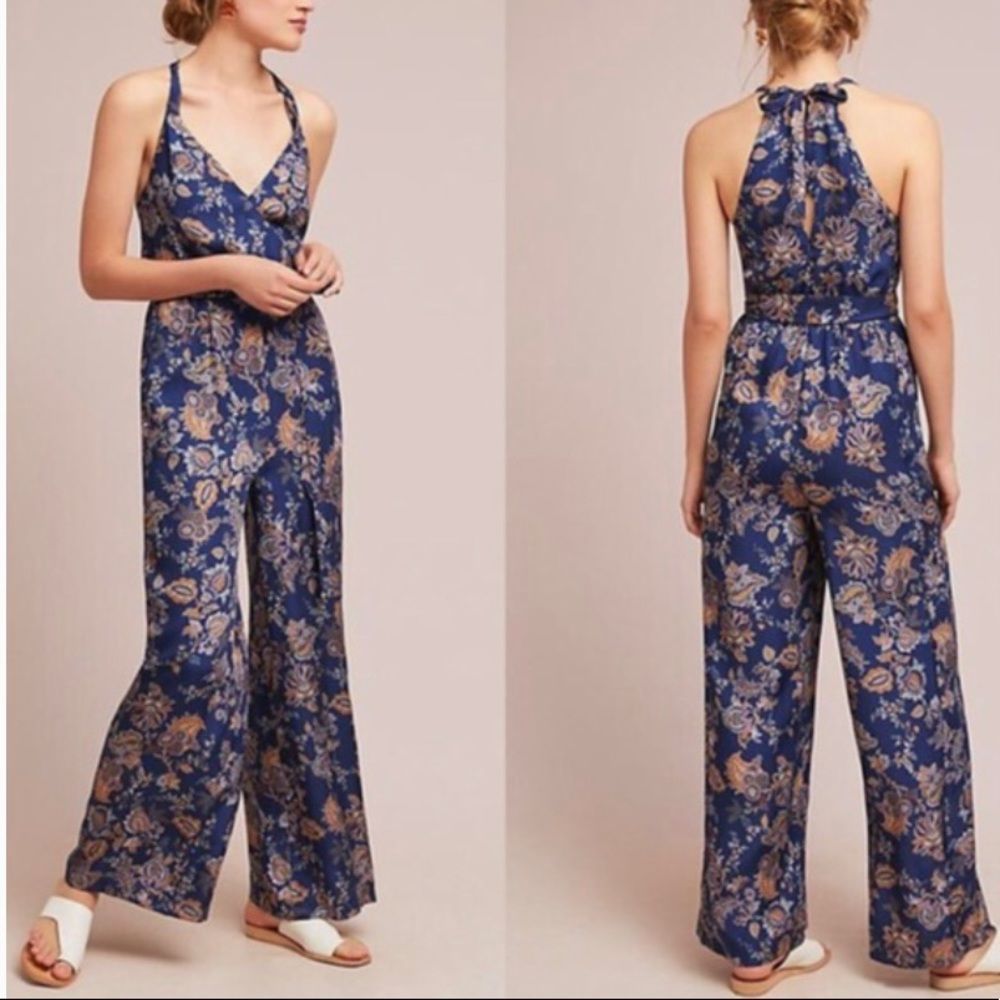 Anthropologie Ett Twa paisley floral wide leg blue jumpsuit L